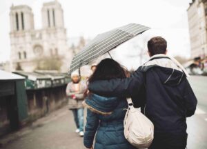 vue de Notre dame sous la pluie avec un couple qui se promène