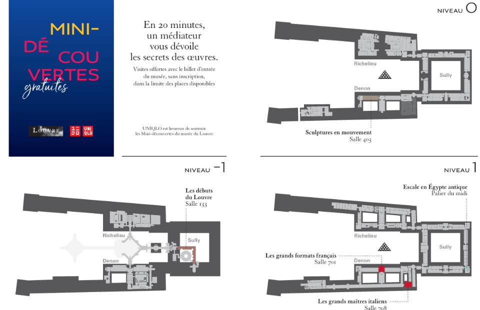 le plan des points de départ des visites guidées mini découvertes du Louvre